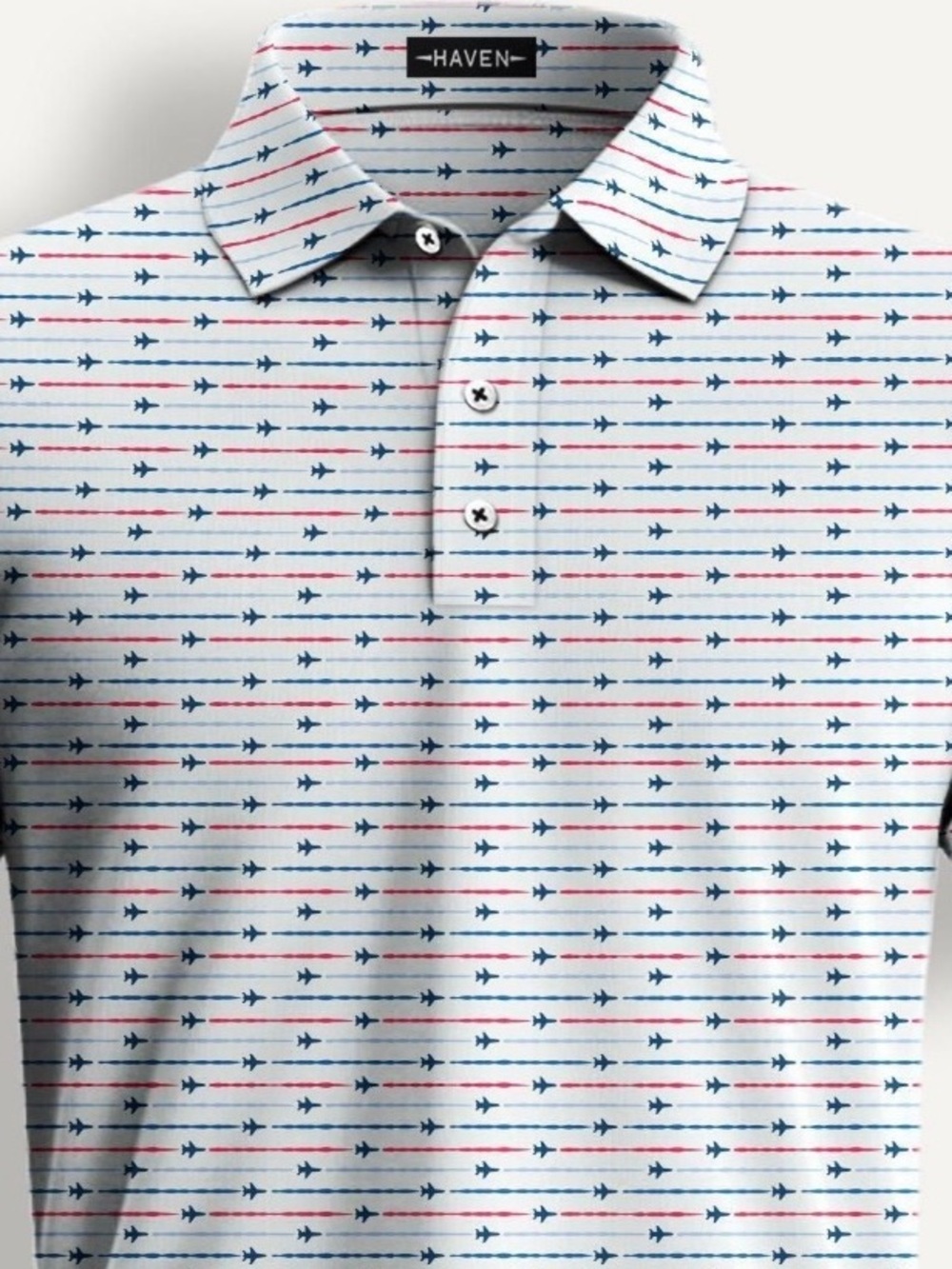 Haven Men’s White Polo with Navy and Red Arrow jets L